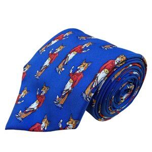 Fox & Chave Mens Blue 100% Silk Novelty Tie With Fox Hunt Pattern Hand Made